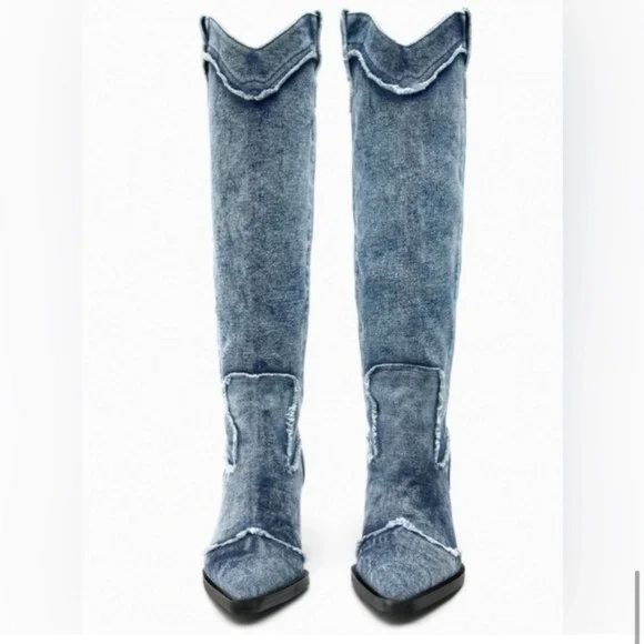 ZARA DENIM COWBOY BOOTS - Picture 6 of 11